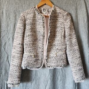 Vtg Anne Klein Tweed Suit Jacket, Fully Lined, Zip Pockets, Lace Trim, Size 4P